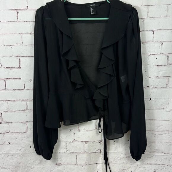 Forever 21 Sweater Womens Small S Shrug Tie Cardigan Ruffle Long Sleeve Black - Picture 1 of 10